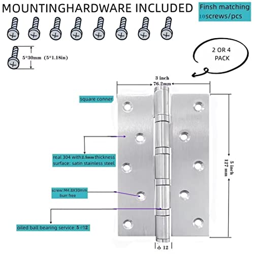 5 inch 304 Stainless Steel Door Hinges,Heavy Duty Interior/Exterior Door Hinge,Rust-Proof,304 SS Ball Bearings,Non-Removable Pin (NRP),5" (101mm) x 3" (76mm) Hinges,SquareCorner,2 Pack,Silver - color: Silver