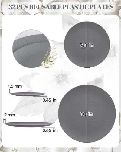 32pcs Dark Grey Plastic Plates Reusable Unbreakable and Dishwasher safe - color: Dark Drey