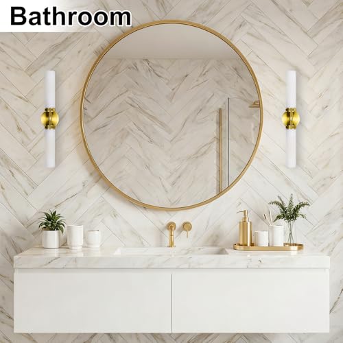 LaLuLa Gold Bathroom Vanity Light Fixtures – 2-Light Hardwired Wall Sconces with Frosted Glass Shades and Textured Metal Frame, Modern Vanity Lighting for Mirror, Bedroom, or Hallway, 25” - color: White Glass-Gold, size: 1 Pack