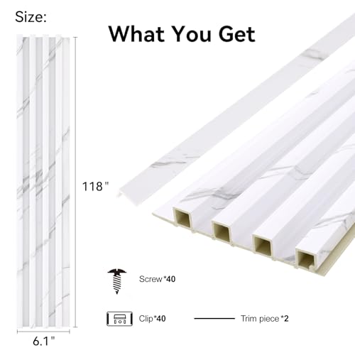 Slat Wall Panel 8-Pack, 118ββx6.1ββ, Marble White - size: 118ββx6.1ββ-Marble White