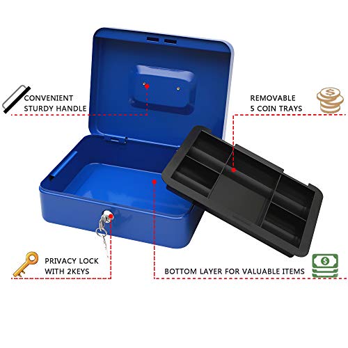 KYODOLED Large Lock Box with Money Tray,Storage Cash Box with Lock,Safe Metal Box for Money,9.84"x 7.87"x 3.54" Blue Large - color: Blue, size: Large