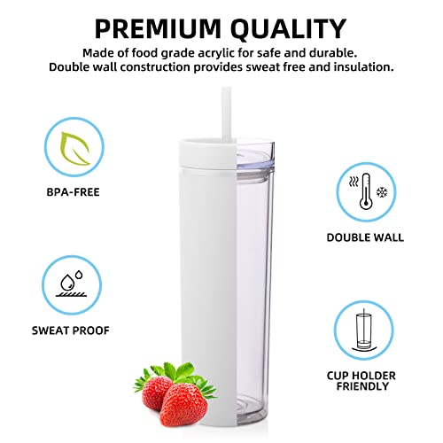 Volhoply 20oz Tumbler with Lid and Straw 8 Pack,Double Wall Plastic Skinny Tumblers Bulk,Reusable Travel Cute Coffee Mug,BPA Free Matte Acrylic Water Cups With Straw for Party,DIY Gifts(White,8 Set) - color: White