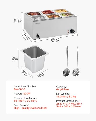 VEVOR 6-Pan Commercial Food Warmer, 24QT Electric Steam Table, 1200W Professional Countertop Stainless Steel Buffet Bain Marie with 86-185°F Temp Control for Catering and Restaurants, Silver - size: 6x1/6Pan ;24QT