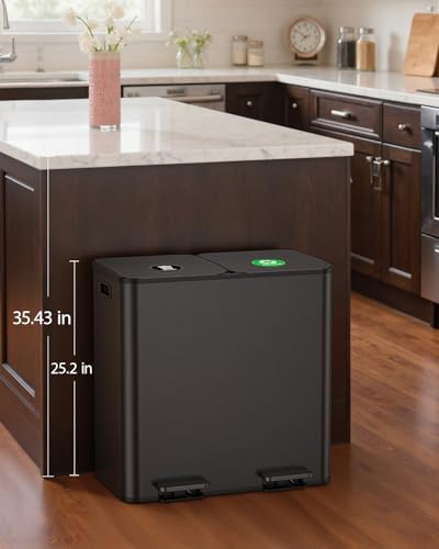 Lovewind Dual Trash and Recycling Bins for Kitchen, 2 * 11-Gallon Stainless Steel Double Trash Can, Step-On Garbage and Recycle Combo, Quiet Close, Pet-Proof, Compatible with 13-Gallon Bags, Black - color: Black, size: 2 x 11 Gallon