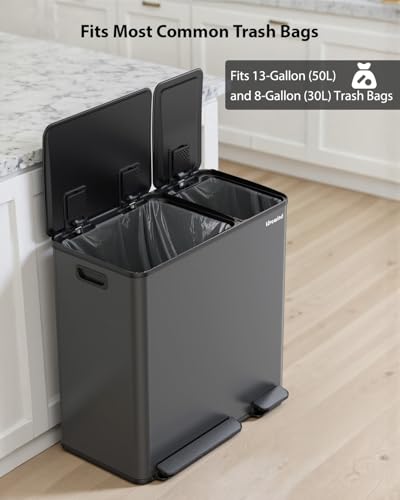 Lovewind Dual Trash Can, 14 + 6 Gallon Garbage Can for Kitchen Dual Compartment Recycling Kitchen Step Trash Bin, Stainless Steel Trash and Recycle Bin Combo with Soft-Close Lid, Grey - color: Gray, size: 14 + 6 Gallon