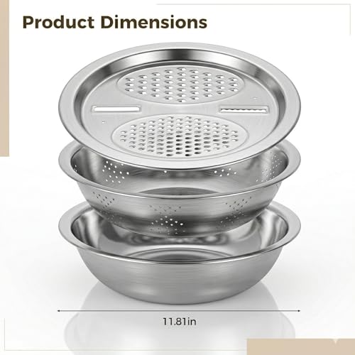 3 Pcs Multifunctional Stainless Steel Grater Bowl Set, 30 cm/11.8 in Large Mixing Basin, Colander for Kitchen Food Prep, Versatile Grater Lid, Induction Cooktop Compatible