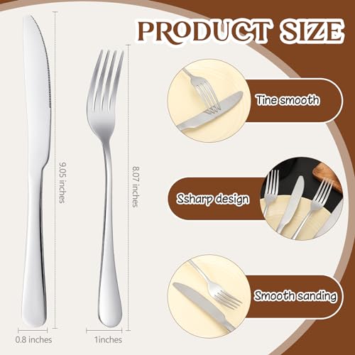 Nuenen 50 Pcs Stainless Steel Forks and Knives, Forks Silverware Set - color: Shiny Silver, size: 8.07 x 0.94 Inch, 9.06 x 0.79 Inch