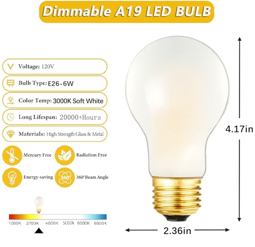 A19 Vintage Edison Bulb 60W Frosted Light bulb,E26 Dimmable LED Bulb,3000K - size: Y-6W-3000K