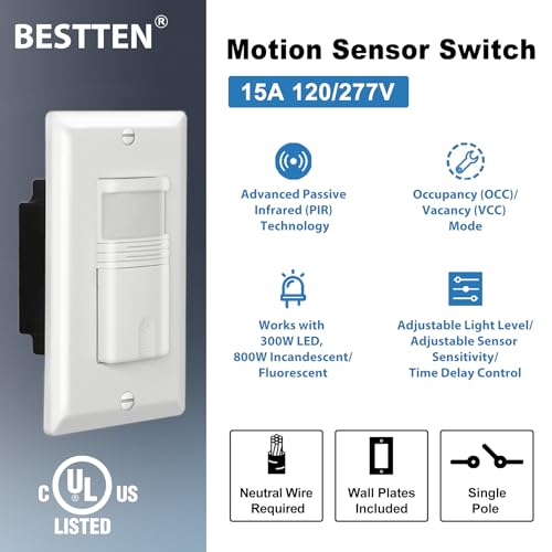 BESTTEN 5PK Motion Sensor Light Switch, PIR Vacancy & Occupancy, UL Listed
