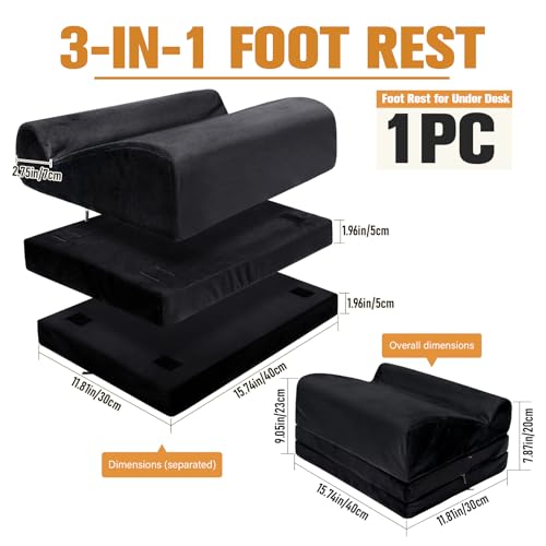 3-in-1 Height-Adjustable Foot Rest for Under Desk Filling with High-Density Foam for Office, Home, Travel, Removable Washable Cover for Back Pain Relief & Posture Support, Black