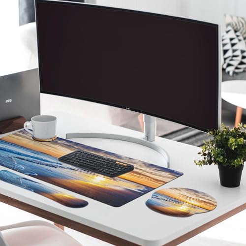 Arttown Keyboard Mouse Pad Set, 4 in 1 Desk Mat Set Ocean Beach Sunset - color: Beach Sunset