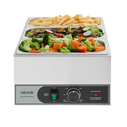 VEVOR Commercial Food Warmer, 1200W Electric Stainless Steel Steam Food Warmer, Fast Heating Countertop Buffet Bain Marie with Three 1/3 Size Food Pans, for Catering, Restaurants, Parties & Buffets - size: 21.85 x 13.39 x 7.87 in