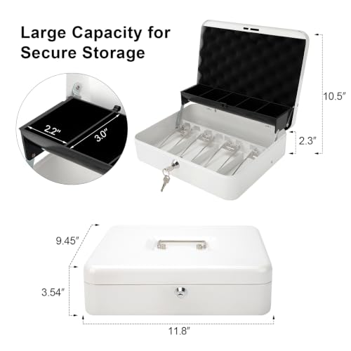 Jssmst Metal Cash Box with Money Tray and Lock, Portable Cash Drawer, 11.8" - color: White Key