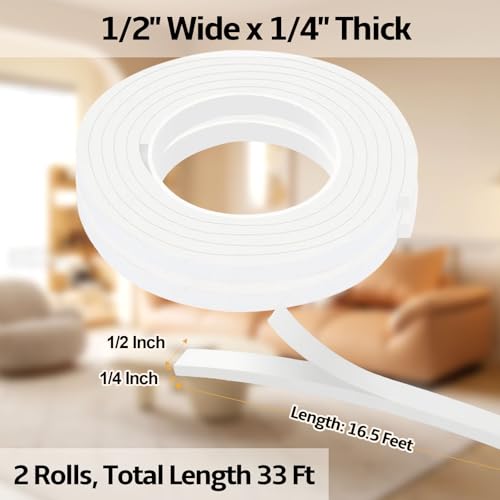 1/2 Inch W x 1/4 Inch T EVA Foam Weather Stripping Tape,Self-Adhesive Seal Tape for Doors & Windows-Draft Blocker,Soundproofing,Waterproof Insulation Foam,2 Rolls Total 33FT White - color: White, size: 1/2 IN x 1/4 IN x 33FT