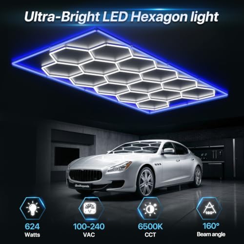 HYPERLITE Gen II Hexagon Garage Lights: 15 Grids with Border DIY Hexagon Led Lights, 6500K Ultra Bright, Easy Install Hex Light, Durable Design for Garage, Car Detailing, Workshops, Gym(Blue) - size: 15 HEX+Border(Blue)