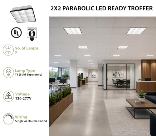 WareLight 2X2 LED Ready Parabolic Troffer Fixture, 9-Cell, 3-Lamp T8 LED Ready (Sold Separately), Non-Shunted Sockets, Single & Double Ended Wiring, 120-277V - size: 2x2