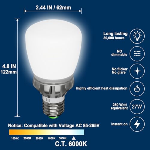E26 LED Light Bulb, 250W Equivalent, 27W Non-Dimmable, 3670Lumens, 6000K, 1 Pack - color: 6000k