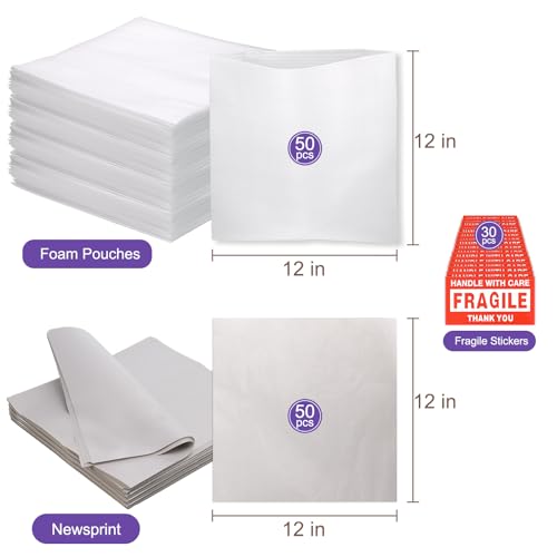 130 Pcs Moving Supplies Set, 50 Pcs 12'' x 12'' Foam Pouches & 50 Sheets 12'' x 12'' Packing Paper & 30 Pcs Fragile Stickers, Packing Foam Pouches and Newsprint Paper for Protecting Dishes Cup China - size: 130 Pcs-12x12 In