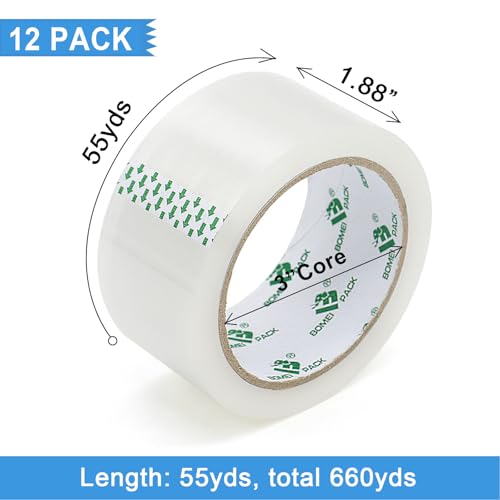 BOMEI PACK 12 Rolls Clear Packing Tape, Heavy Duty Packaging Tape with Dispenser,1.88In x 55Yd,2.4Mil Thick Industrial Grade Transparent Tape Refills for Shipping,Moving,Sealing and storages