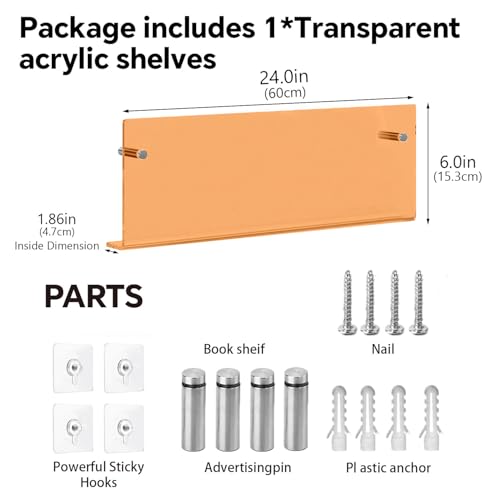 2-Pack 24" Orange Acrylic Wall Mounted Magazine Holder Rack Floating Shelf - color: Orange, size: 24inch