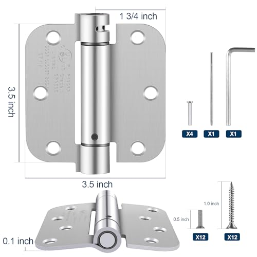 Self Closing Door Hinges 3.5 Inch, Spring Loaded Adjustable Tension Hinges for Garage/Front/Back Doors - UL Listed Brushed Nickel Hinges, Left/Right Hand Door Hardware with 5/8" Radius Corners 2 Pack - size: 3.5" 2 Pack