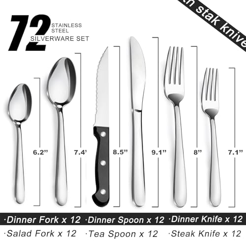 Pleafind 72-Pieces Silverware Set for 12, Flatware Set with Triple Rivet Steak Knives, Stainless Steel Cutlery Set, Include Forks Spoons and Knives Set, Utensil Sets for Home Restaurant - color: Silver, size: 72P