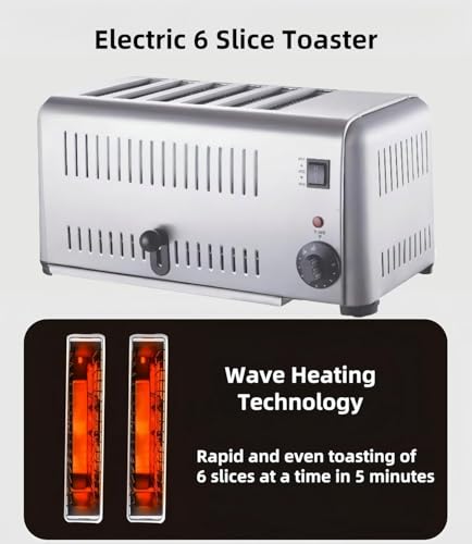 Electric 6 Slice Countertop Pop-up Toaster, Stainless Steel Commercial Restaurant Toaster Machine with 6 Wide Slots for Bagel Bread, 1-5 Minutes Timer Cooling Vents