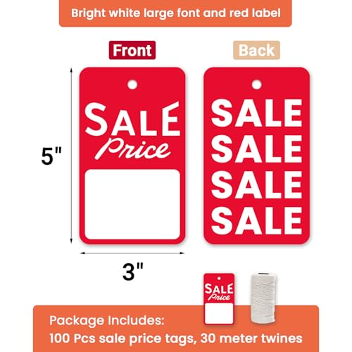 Sale Price Tags with String Attached - Supermarket Pricemarker Labels Supplies for Clothing, Shoes, Snacks with 30M Twines, 5" Lx3“W,100 Pcs (B) - style: B