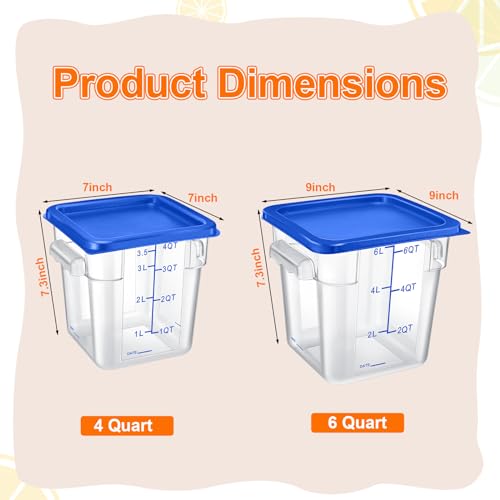 Suclain 8 Pack 4 QT and 6 QT Food Storage Containers with Lids Scales Handles Square Clear Restaurant Food Storage Containers Polycarbonate Commercial Grade for Kitchen Marinating Meat Dough(Blue) - color: Blue