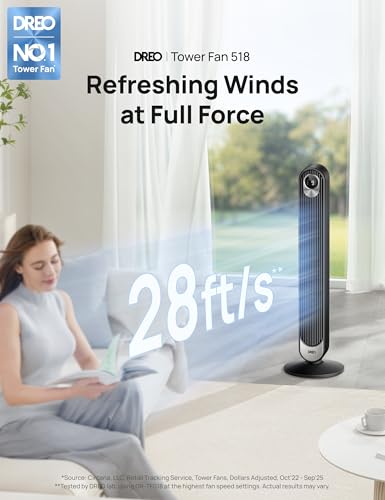 DREO Tower Fan for Bedroom, 28ft/s High Velocity, 9 Speeds, DC Motor - color: Black, size: 42 inch