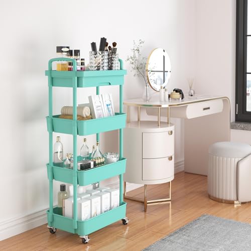 Calmootey 4-Tier Utility Cart with Drawer & Wheels, Storage for Home,Office - color: Green, size: 4-Tier