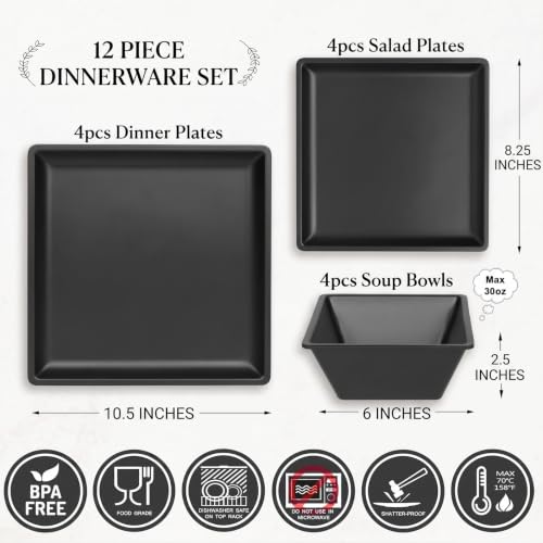 12 Piece Melamine Plates and Bowls Sets,Black Square Dinnerware Set for 4 - color: Pure Black