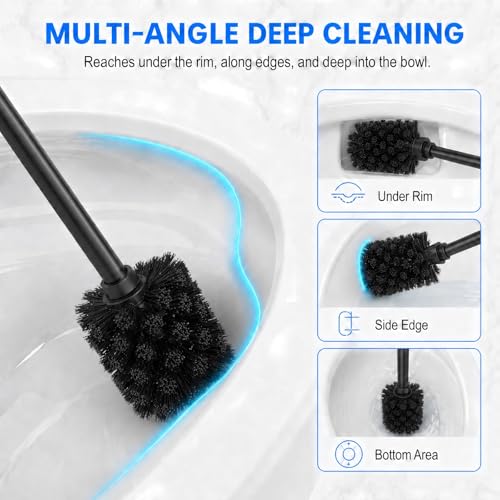 Black Toilet Brush and Holder Set,Extra Long Handled Toilet Bowl Brush and Holder,Stainless Steel Heavy Duty Toilet Brush for Bathroom,Deep Cleaning Modern Toilet Cleaner Slip Base - color: Black