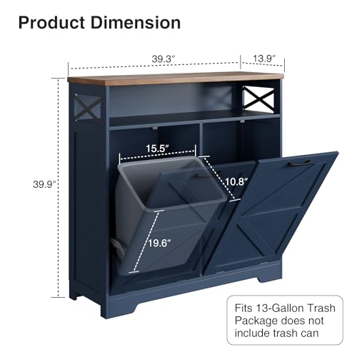 Double Tilt Out Trash Can Cabinet for 13 * 2 Gallon Trash Can, Farmhouse Kitchen Island Cabinet with Adjustable Shelf for Hidden Laundry Basket, Dog Proof Garbage Can for Dining Living Room, Blue - color: Blue, size: 2 x13 Gallons