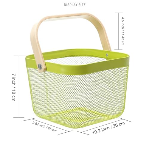 AJIODA Metal Mesh Steel Basket, Storage Organizer Basket Multi-functional Hanging Kitchen Baskets Fruit Basket with Wooden Handle for Kitchen Bathroom Picnic Shopping Decor Cabinet Home, Macaron Green - color: Macaron Green