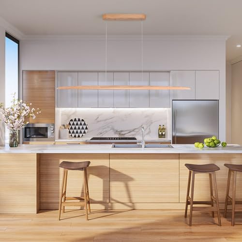 YISDESIGN 59" 40W Wood LED Linear Pendant Light Fixture Led Dining Room Light Dimmable Hanging Light Fixture for Dining Room Kitchen Island Pool Table Lights Natural Ash - color: Natural Ash, size: 59in