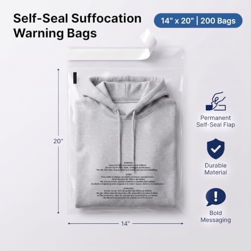 14” X 20” (200 Count) Self Seal Clear Poly Bags with Suffocation Warning - size: 14" x 20"
