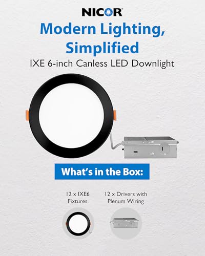 Nicor Recessed Light Fixtures - IXE 6-in Canless LED Downlight - Dimmable LED Ceiling Light with Edge-Lit Technology - Black, 12 Packs Lighting - color: Black