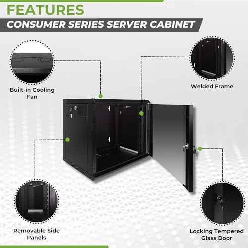 NavePoint 9U Server Rack Enclosure with Glass Door, Cooling Fan, Locks, & Removable Side Panels - 9U Wall Mount Network Cabinet 19 Inch Rack 17.7 Inches Deep - size: 9U