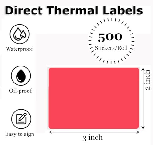 3" x 2" Thermal Labels Stickers Red, Thermal Printer Shipping Stickers, Multipurpose Inventory Self-Adhesive Direct Thermal Label for Small Business (500 Labels/Roll) - color: Red, size: 3" x 2"