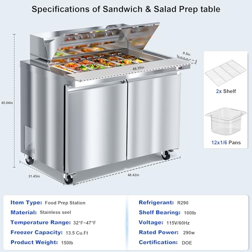 48’’ W Commercial Refrigerator Sandwich Salad Prep Table Refrigerators 2 Door with 18 Pans, Prep Station Fridge for Restaurant, Bars, Shops
