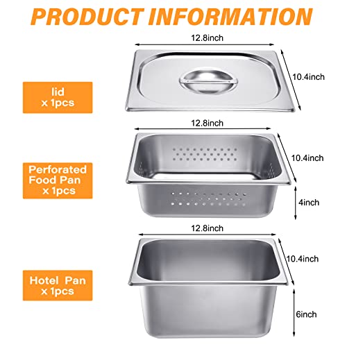 3 Pack Full Size Hotel Pan Set with Lid - Perforated Steam Table Pan, Restaurant Supplies for Kitchen, Steam Table Tray for Food Warmer (1/2 Size 4 Inch, 6 Inch) - size: Half Size 4 Inch, 6 Inch