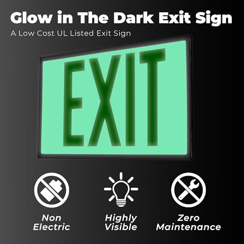 LFI Lights® UL 924 Listed 50' Photoluminescent Exit Sign, Green Letters, Black Frame, Rigid Plastic, Single-Sided, Wall Mount, Optional Arrows, Glow in the Dark, No Power or Battery Needed, PA1G50 - color: 2 Green