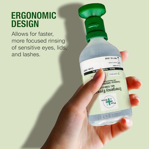Sterile Saline Eyewash Solution 2-Pack - 500 mL (16.9 fl oz) Bottles + Ergonomic Cup - Emergency Eye Station Refill for Flushing & Irrigating Eyes, 8.5" H, 3" W, 3" L, by Plum
