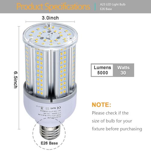 300W Equivalent LED Corn Light Bulb 5000 Lumen 5000K 30W Large Area Cool Daylight White E26/E27 Medium Base for Outdoor Indoor Garage Warehouse Factory Workshop Street Backyard (30 Watts 1Pack) - size: 30 Watts 1Pack