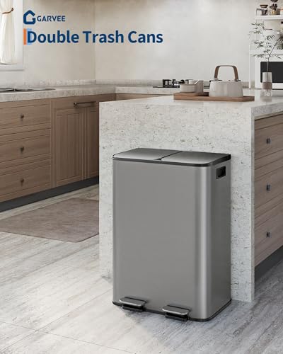Large Stainless Steel Dual Compartment Recycling Trash Can 2 * 30 l/16 Gal Recycle Bins with Lid Waste Bin with Removable Buckets, Bathroom,Kitchen Garbage Can Rectangle Garbage Bin,Gray - color: gray, size: 2*30L