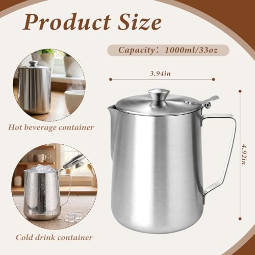 2 Pcs 33 Oz/ 1 L 304 Stainless Steel Pitcher with Lid Milk Frothing Jug - size: 33 oz/ 1 L