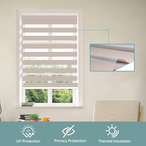 No Drill No Tools Cordless Zebra Blinds for Windows, Day & Night Dual Sheer Roller Shades,Easy Installation,Free-Stop Lift System, Light Filtering Privacy Blinds for Home,Custom Size,Beige - color: Beige, size: No Drill Installation-Custom Size