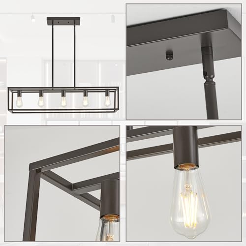 Kitchen Light Fixtures Farmhouse Rectangle Chandeliers Dining Room Light for Dining Rooms, Light Fixture Matte Oil Rubbed Bronze 5-Light Industrial Pendant Lighting - color: Oil-Rubbed Bronze, size: 5 Lights