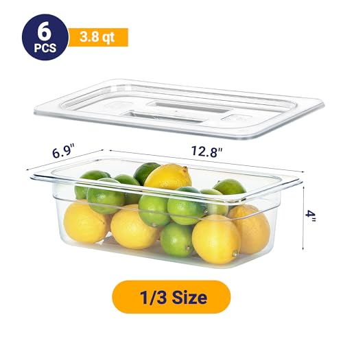 BIEAMA 6 Pack 1/3 Size 4" Deep NSF Polycarbonate Food Pans with Lids - color: 1/3 Size, size: 4" Deep